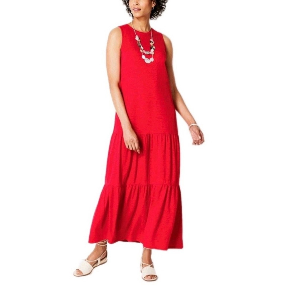 J. Jill Geranium Red Slub Knit Tiered Maxi Dress‎ Size Large Tall - Picture 1 of 6